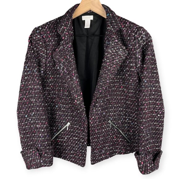 Chico’s Tweed Open Front Blazer Women’s Size 0 Black Purple Metallic Zip Pockets - Picture 3 of 8